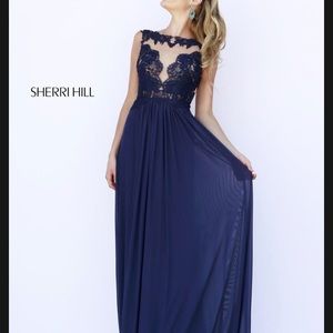 Sherri hill blue gown illusion neckline